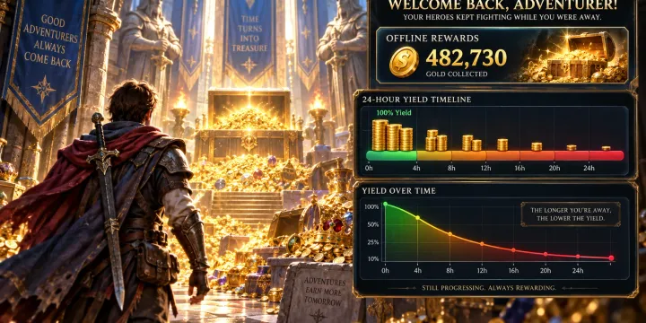 방치형 RPG 오프라인 보상 계산식: 시간 감쇠(Diminishing Returns) 설계와 복귀율 극대화 전략 썸네일