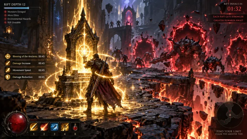 앤드게임 던전 기획: 균열(Rift) 신단 버프와 난이도 변수 시스템 구현