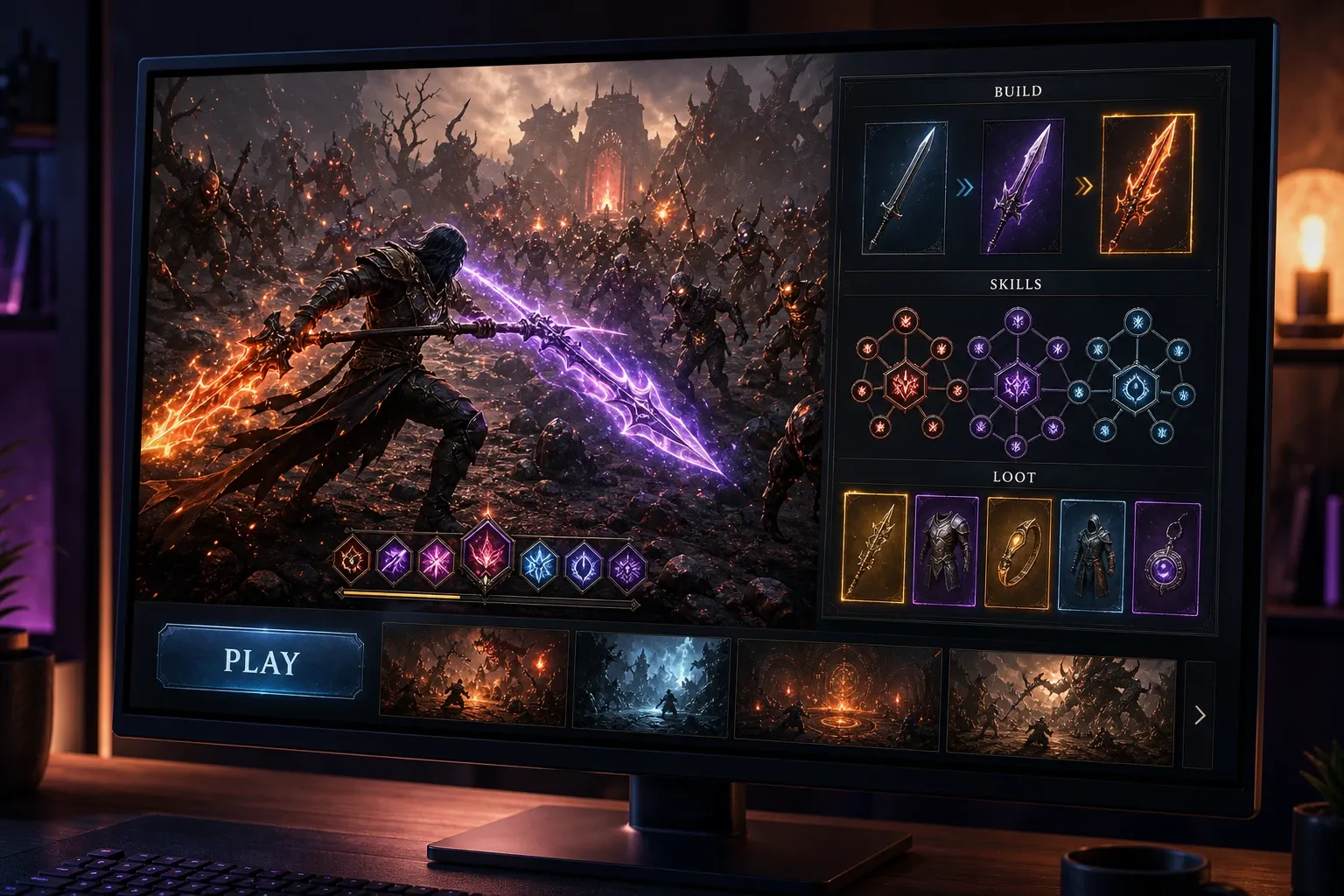 전투 장면과 빌드 선택 화면을 함께 보여 주는 ARPG Steam 상점 페이지 구성 예시