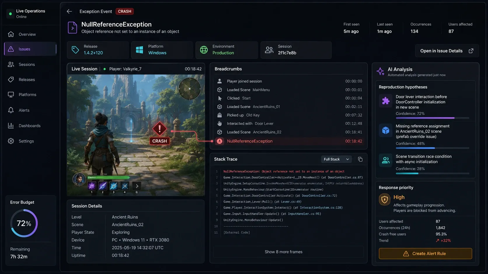 Unity Sentry 이벤트에 릴리스와 플랫폼 태그가 표시된 예시