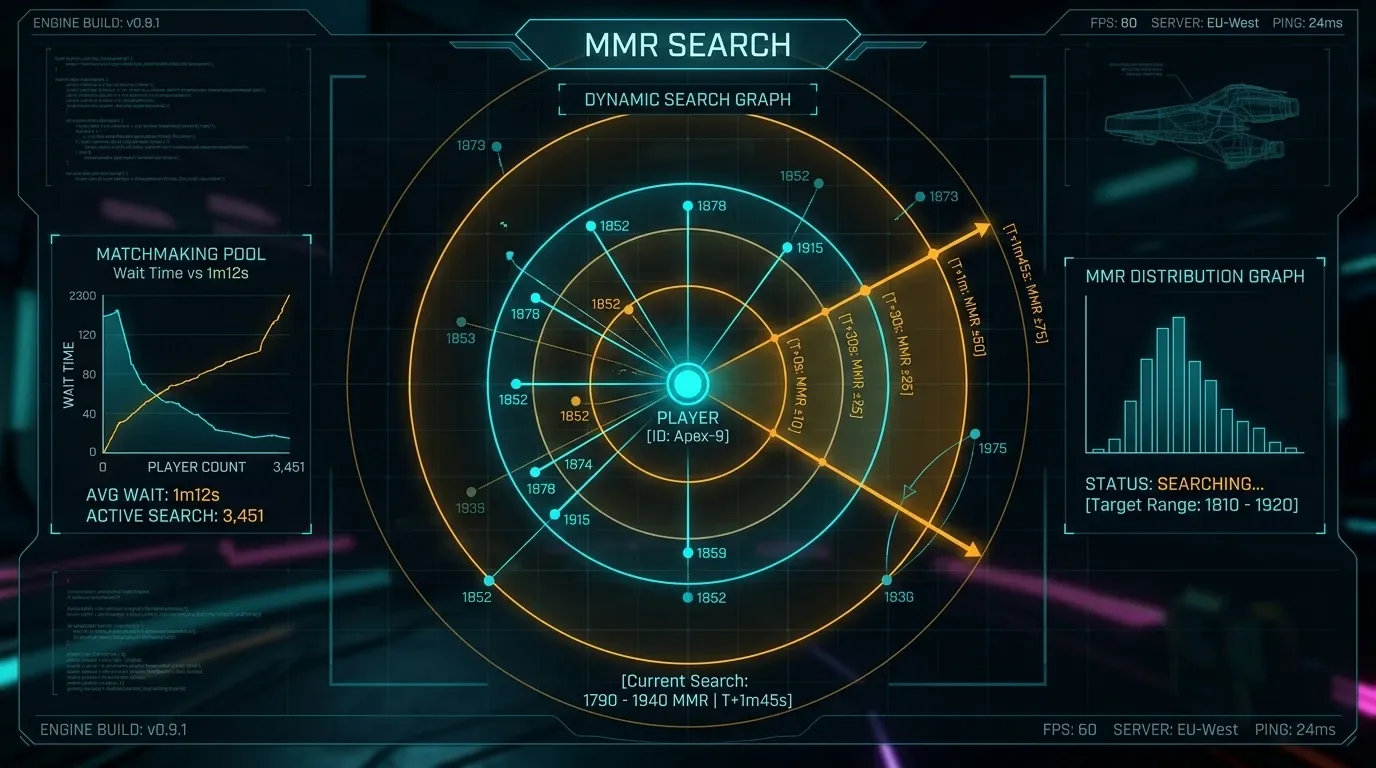 대기 시간이 길어질수록 MMR 허용 범위가 단계적으로 넓어지는 매칭 그래프