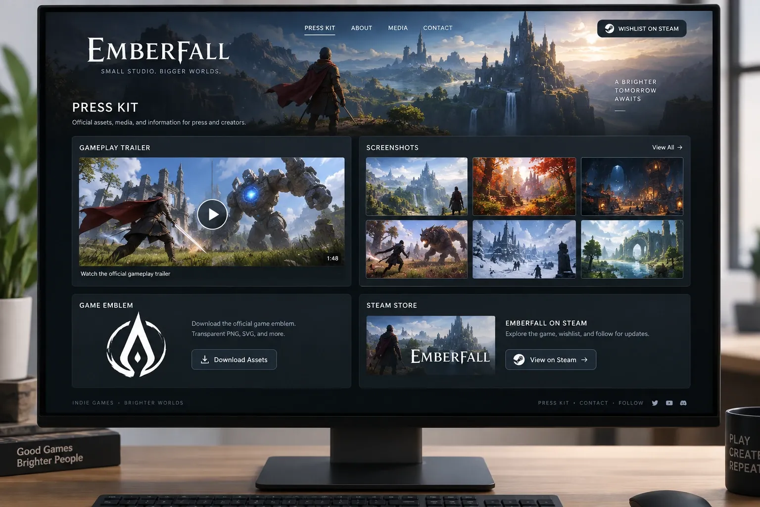 해외 게임 보도자료용 프레스킷에 트레일러와 스크린샷, 로고, Steam 링크를 정리한 예시