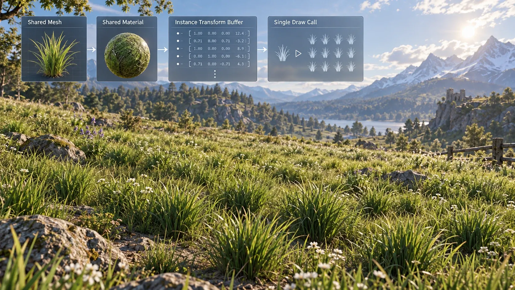 여러 잔디 인스턴스가 하나의 메시와 머티리얼을 공유하는 GPU Instancing 렌더링 구조