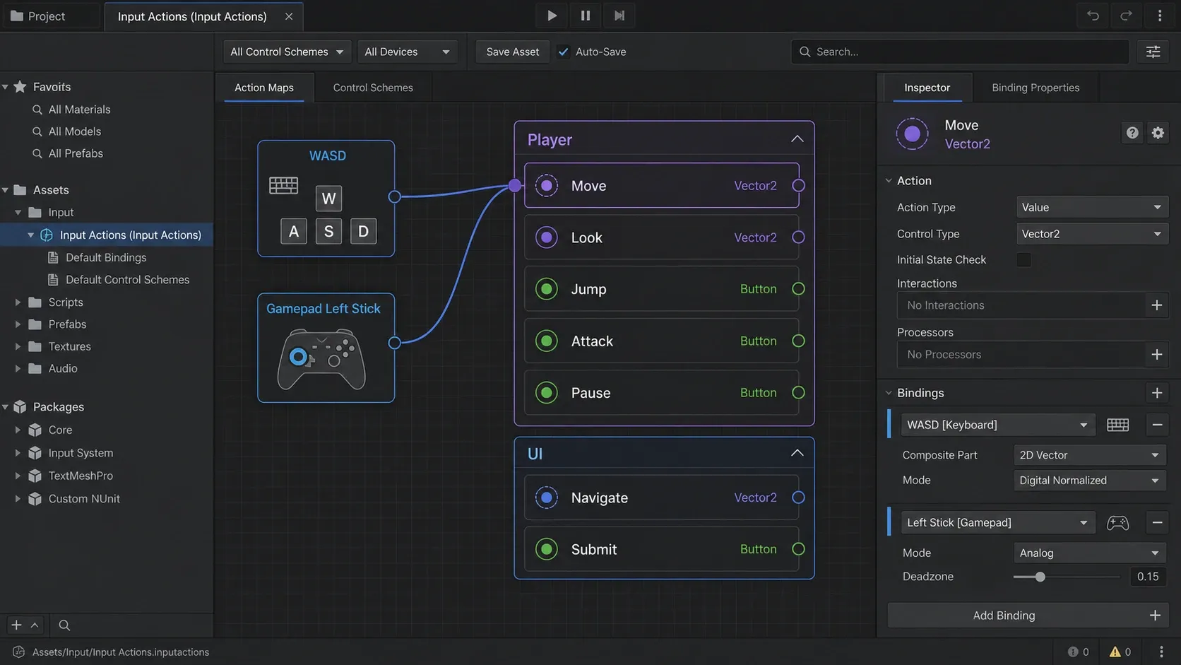 Move와 Jump 액션을 포함한 Unity Input Actions 에셋 구성 예시