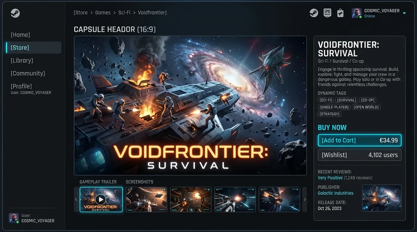 Steam 상점 첫 화면에서 캡슐 이미지와 짧은 설명이 함께 보이는 구성 예시
