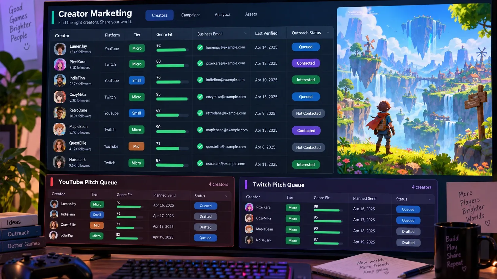 YouTube와 Twitch 인플루언서의 장르 적합도와 연락 상태를 관리하는 컨택 리스트 화면