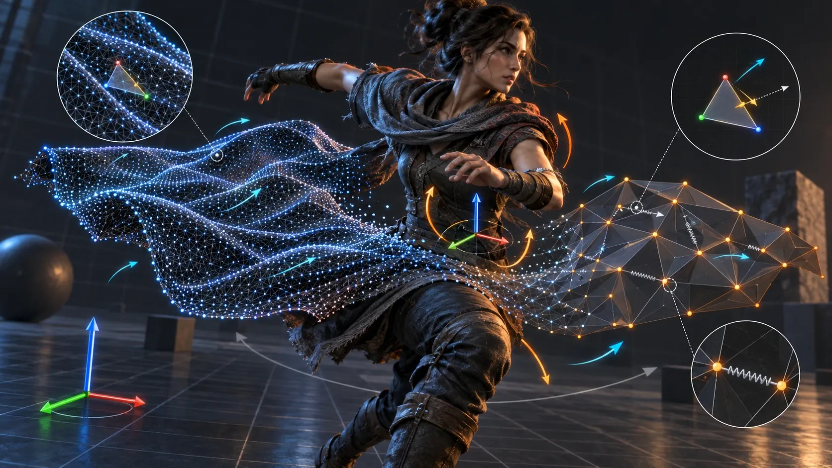 Cloth Simulation LOD 전환에서 소스 시뮬레이션 메시의 상태가 타깃 메시로 전달되는 과정을 보여주는 다이어그램