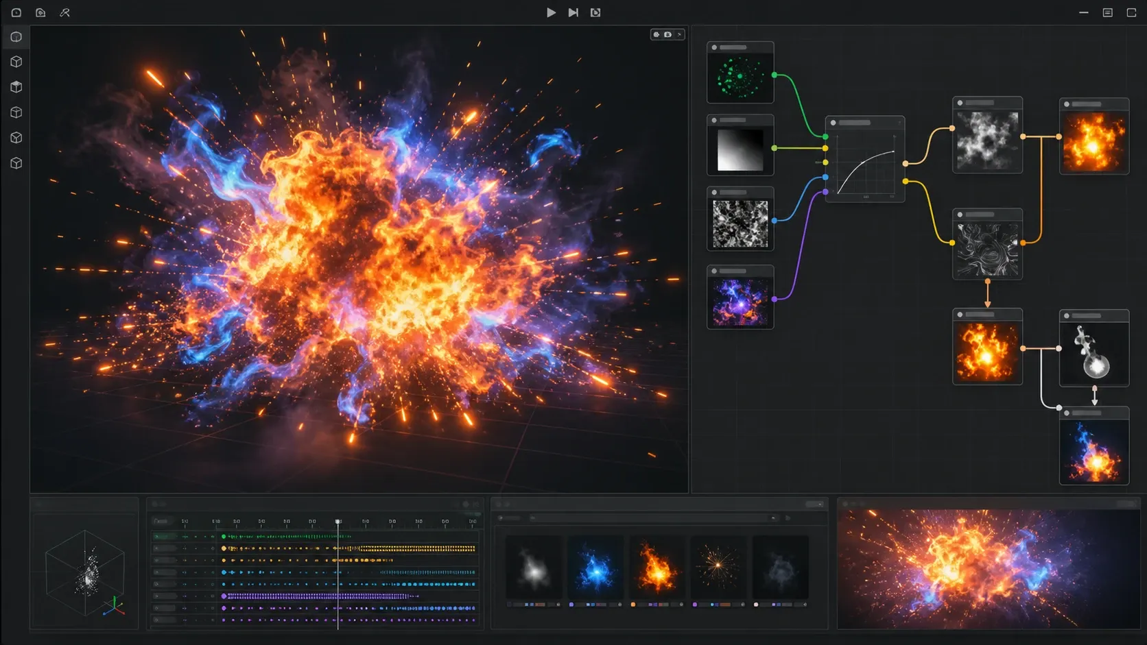 VFX Graph에서 생성한 화염 입자 데이터가 Shader Graph의 노이즈와 발광 처리로 전달되는 구조
