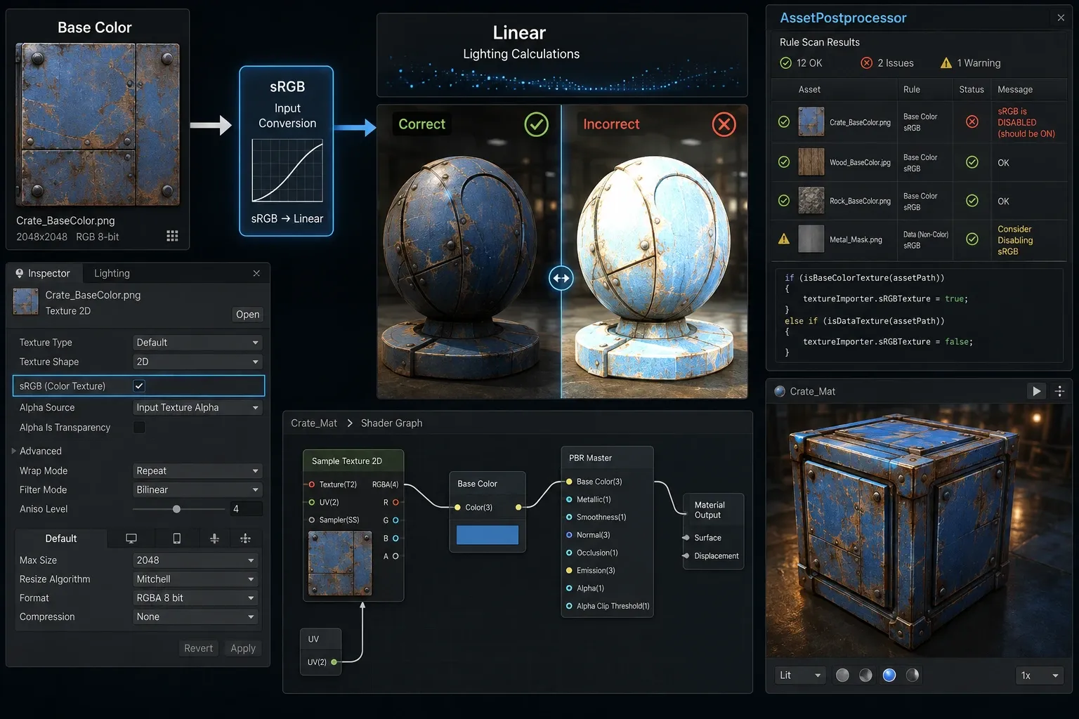 Base Color의 sRGB 입력과 Linear 조명 계산 변환을 설명하는 합성 개념 이미지로, 실제 Unity 캡처나 측정 데이터가 아닙니다