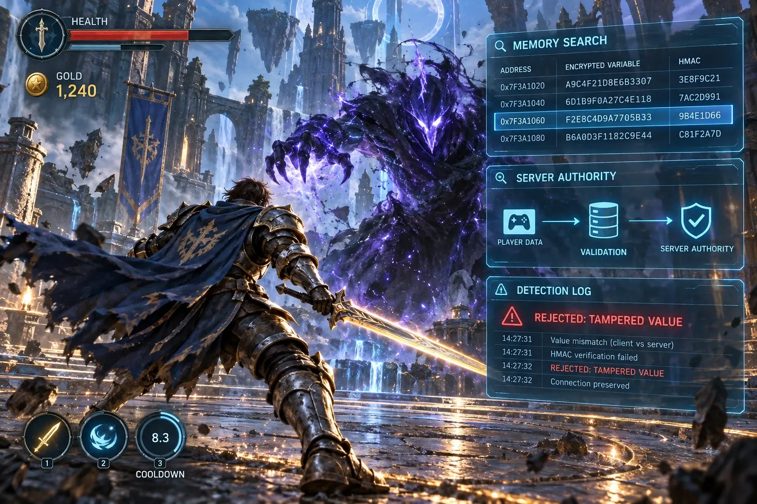 Cheat Engine 값 검색과 서버 검증 경로를 설명하는 게임 보안 개념 이미지