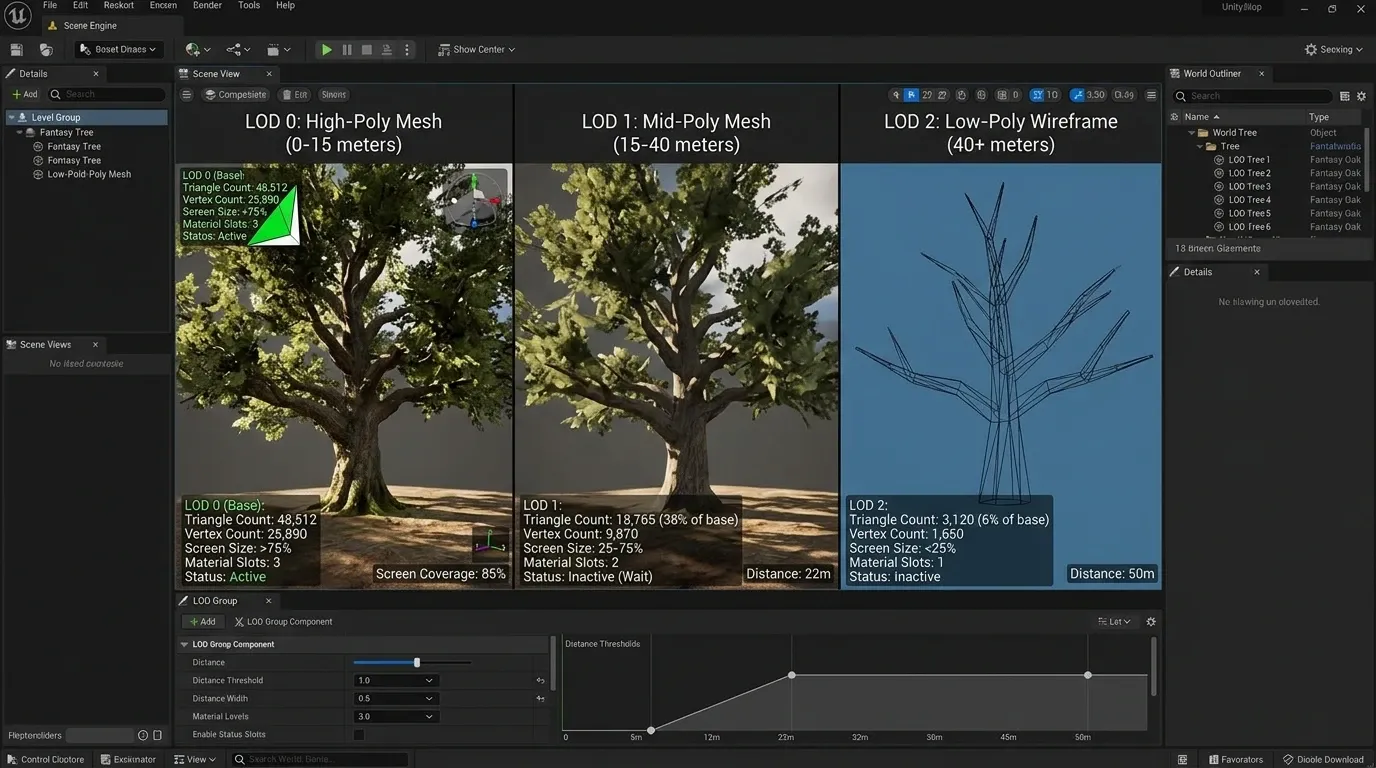 카메라 거리와 화면 점유율에 따라 LOD0, LOD1, LOD2 메시가 전환되는 Unity LOD Group 예시