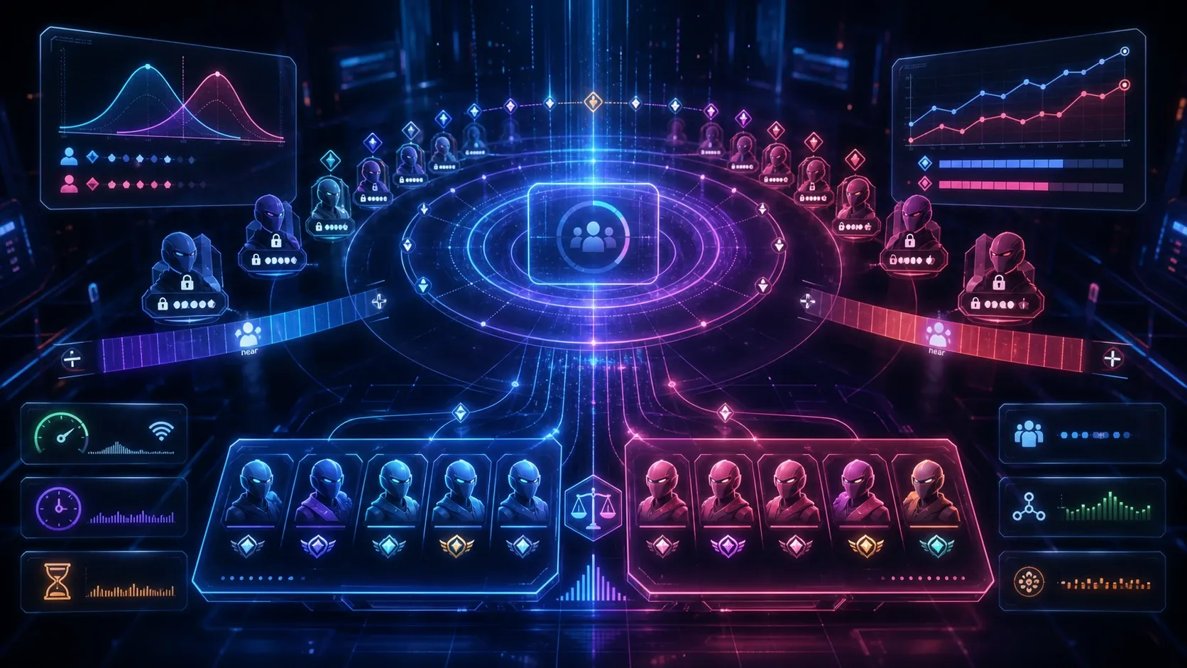 MMR 차이와 대기시간에 따라 매칭 허용 범위가 확장되는 게임 서버 개념도