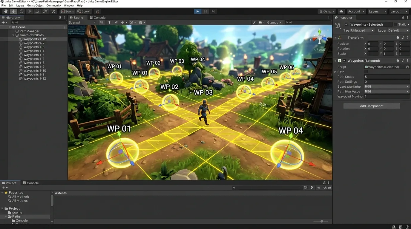 Scene 뷰에서 순찰 경로 지점과 이동 핸들이 표시된 Unity 에디터 화면