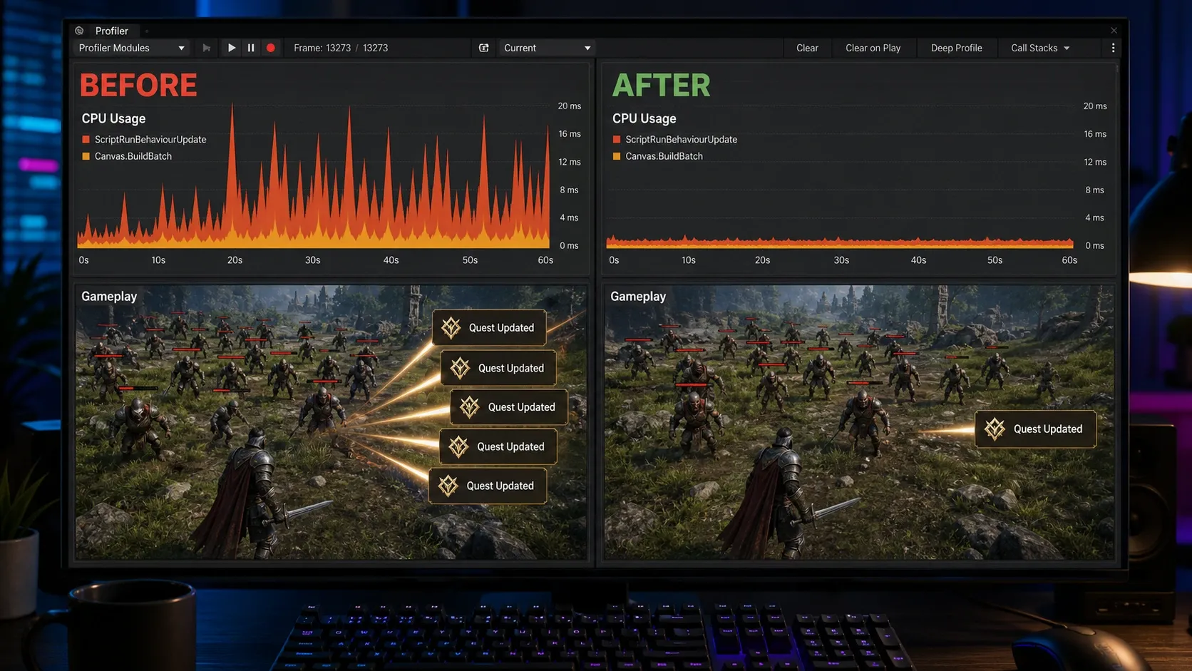 Unity Profiler에서 리팩토링 전후 CPU Usage와 ScriptRunBehaviourUpdate를 비교하는 화면