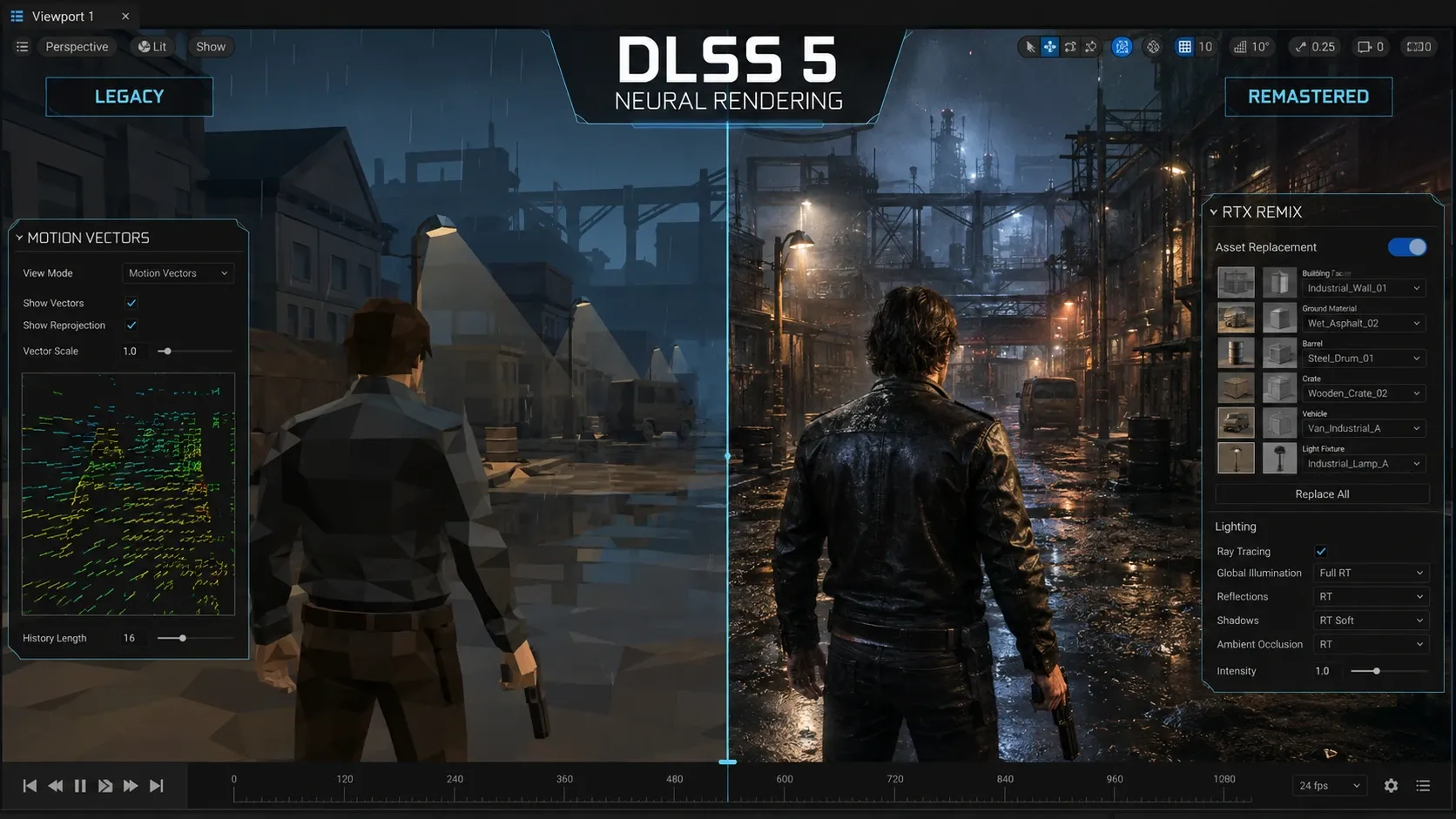 DLSS 5가 컬러와 모션 데이터를 바탕으로 기존 장면의 조명과 재질을 보강하는 렌더링 파이프라인