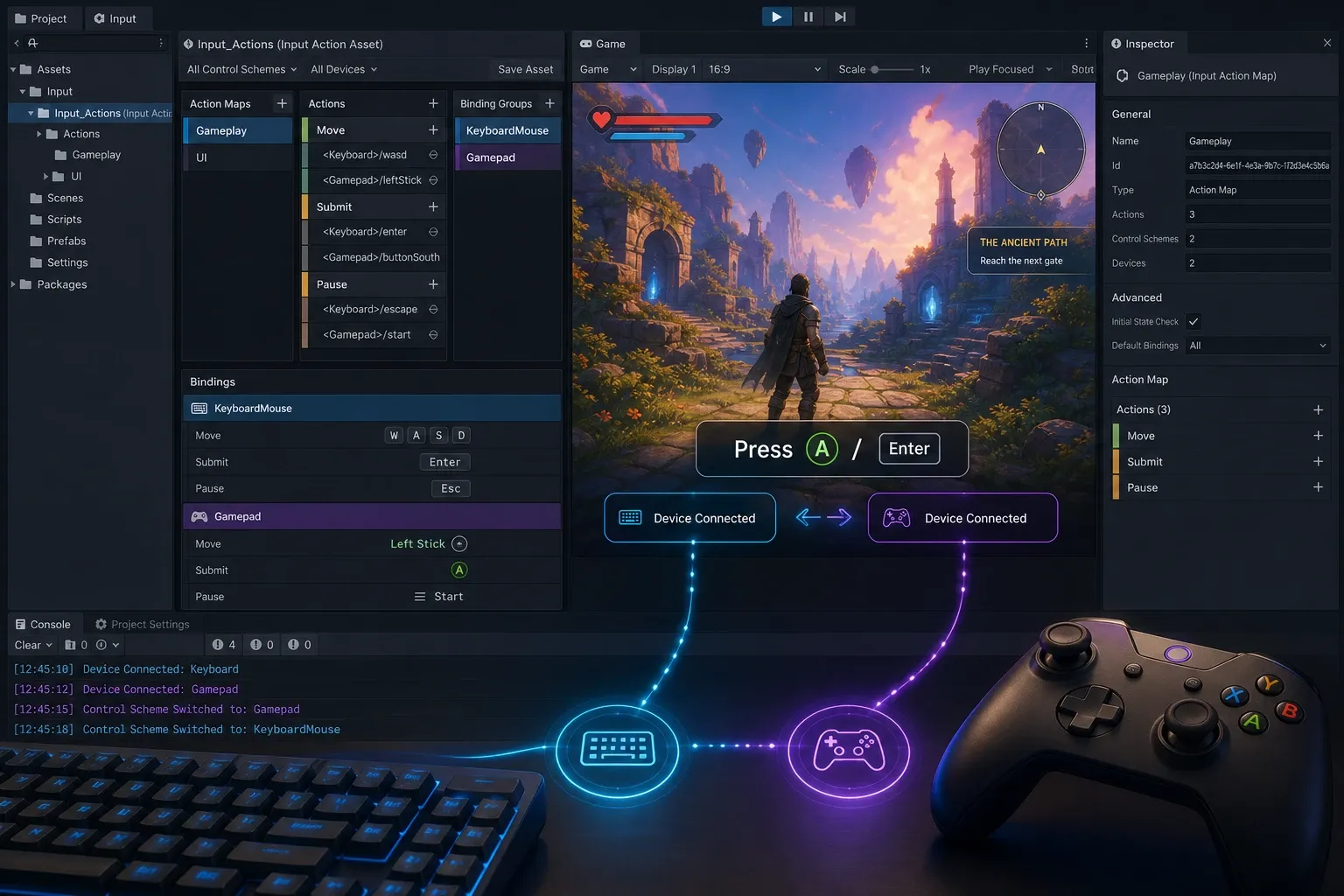 Unity Input Actions 에셋에서 Gameplay Action Map과 KeyboardMouse·Gamepad 바인딩 그룹을 구성한 예시