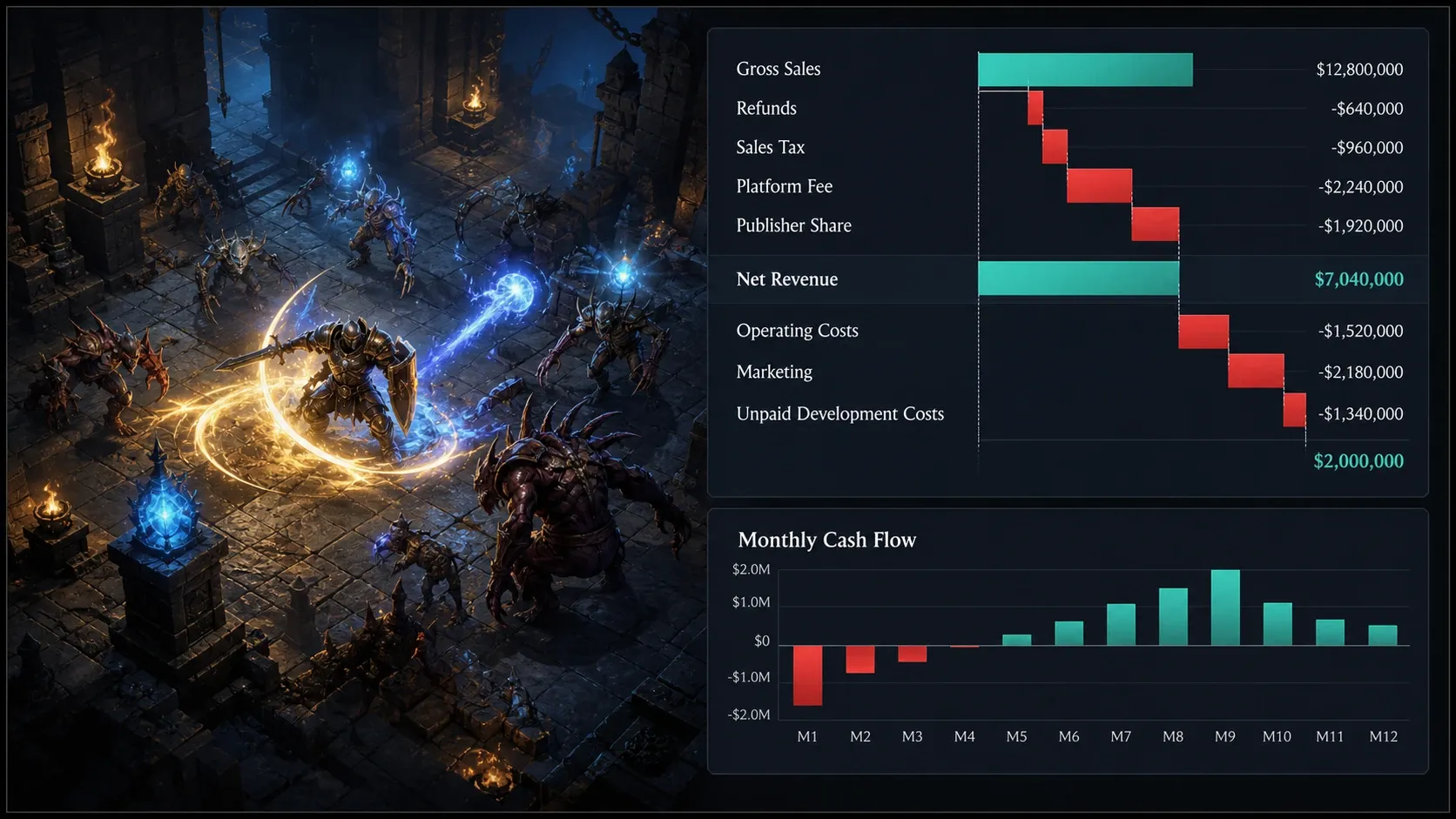 ARPG 출시 비용과 정산 항목을 나눈 재무 대시보드 예시