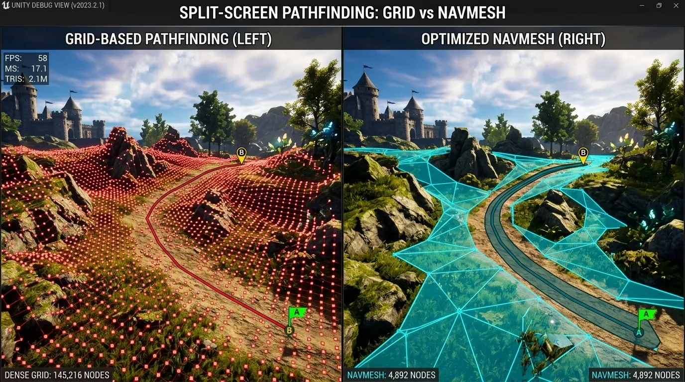 Grid 기반 노드와 NavMesh 다각형 노드의 그래프 크기 비교