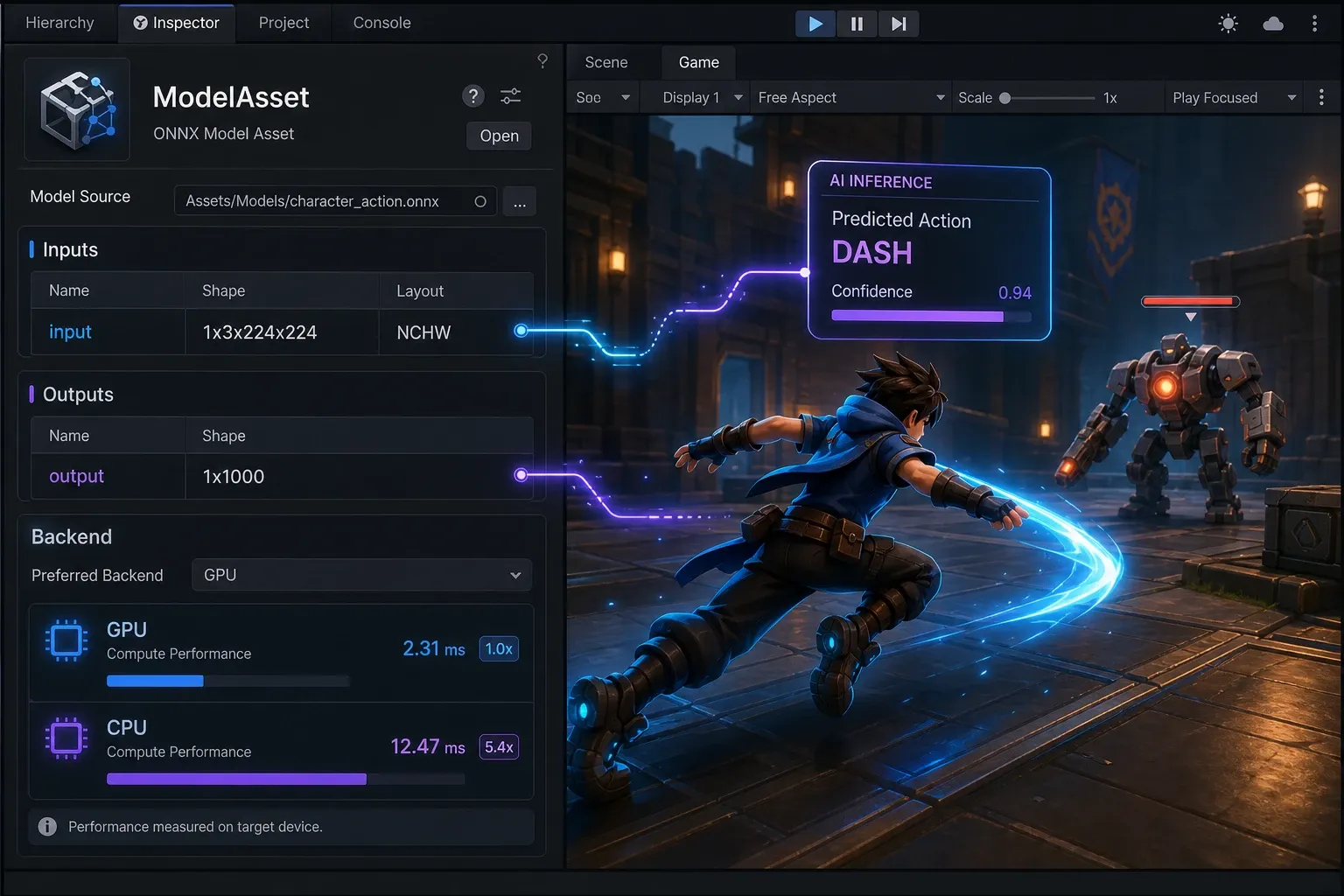 Unity Inspector에서 ONNX ModelAsset의 입력과 출력 정보를 확인하는 화면
