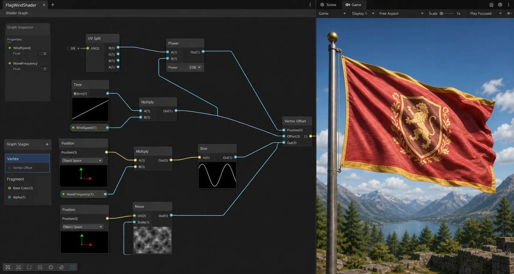UV U축을 기반으로 깃대 결합부 마스크를 설정하는 Shader Graph 노드 구성
