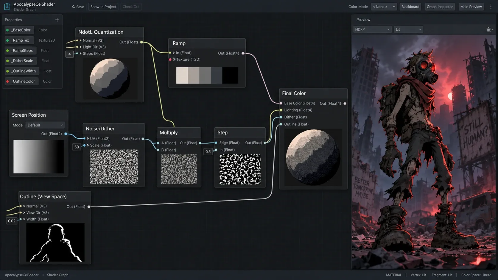 Shader Graph에서 NdotL 양자화 및 노이즈 디더링 노드를 연결한 구조