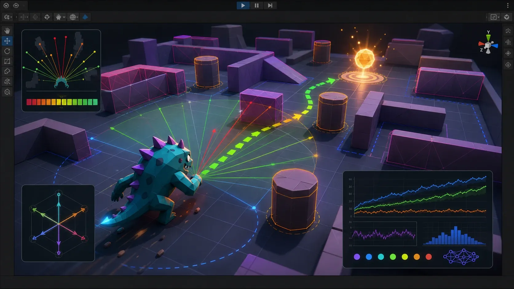 Unity Scene의 학습용 몬스터, 목표 지점, 장애물 배치 예시