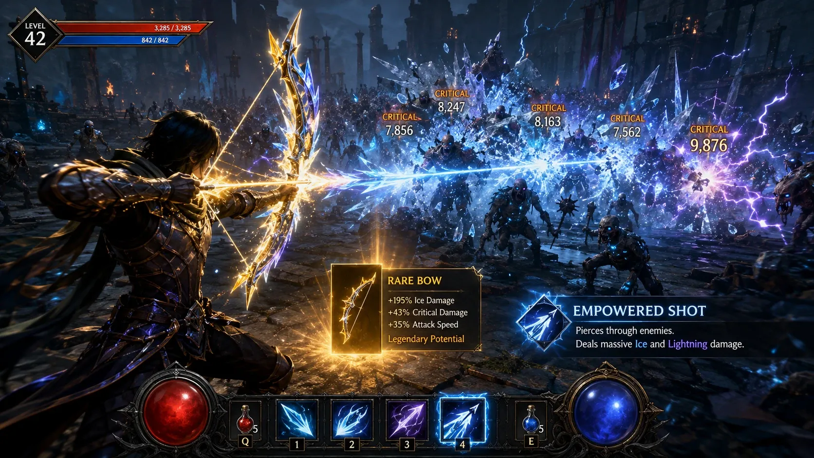희귀 장비를 획득한 뒤 강화된 스킬로 적 무리를 처리하는 파밍 액션 장면