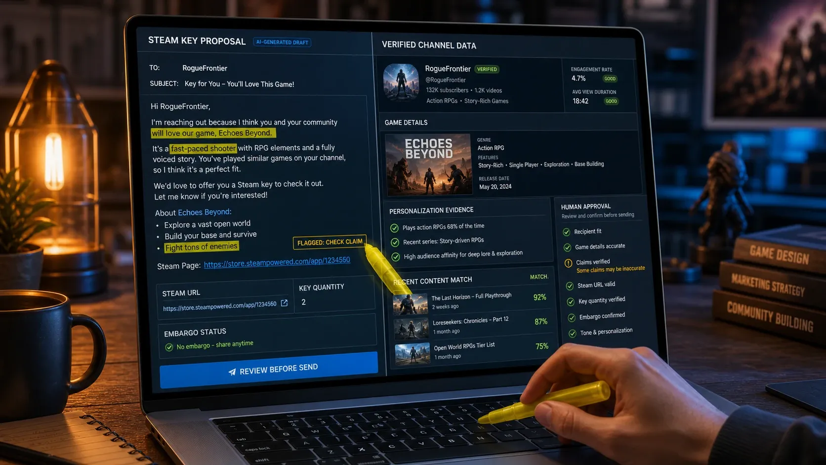 Steam 게임 키 제안 이메일에서 게임 정보와 개인화 근거를 검수하는 화면