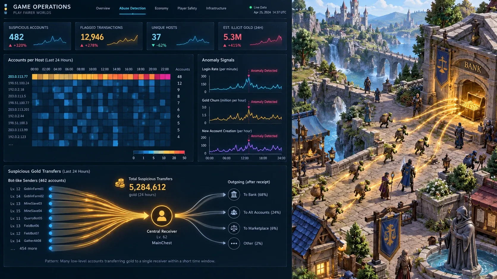 Kibana 대시보드에서 다계정 어뷰징 및 재화 흐름을 시각화한 모니터링 화면