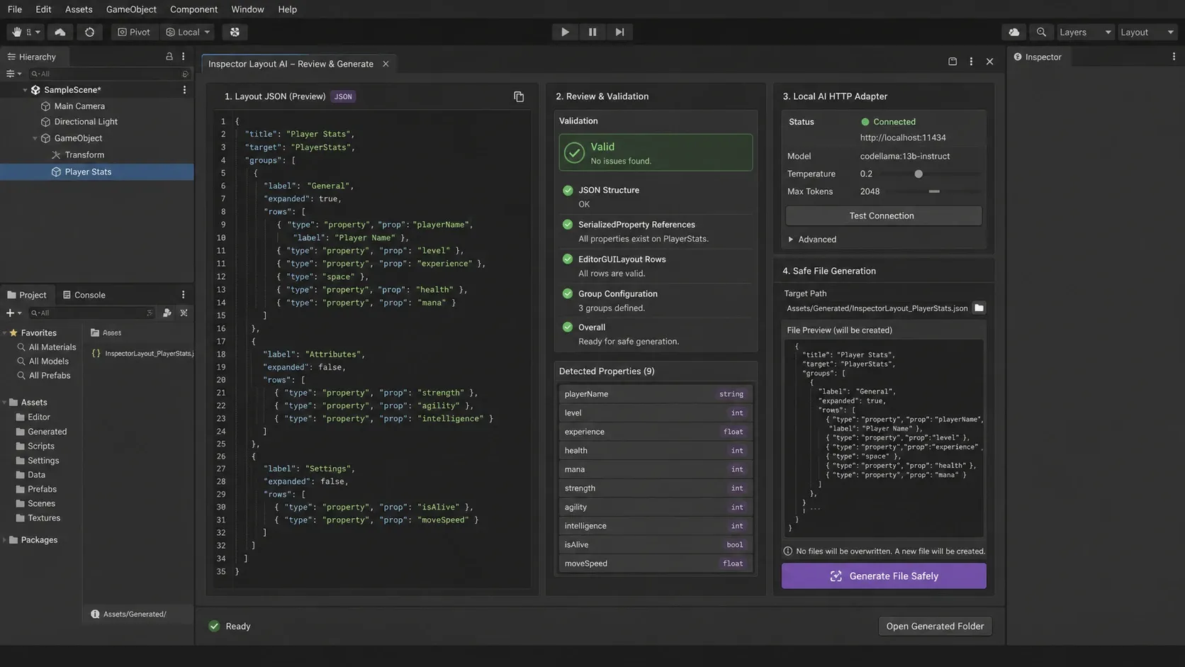 Unity EditorWindow에서 생성된 커스텀 인스펙터 레이아웃 JSON을 검토하는 화면