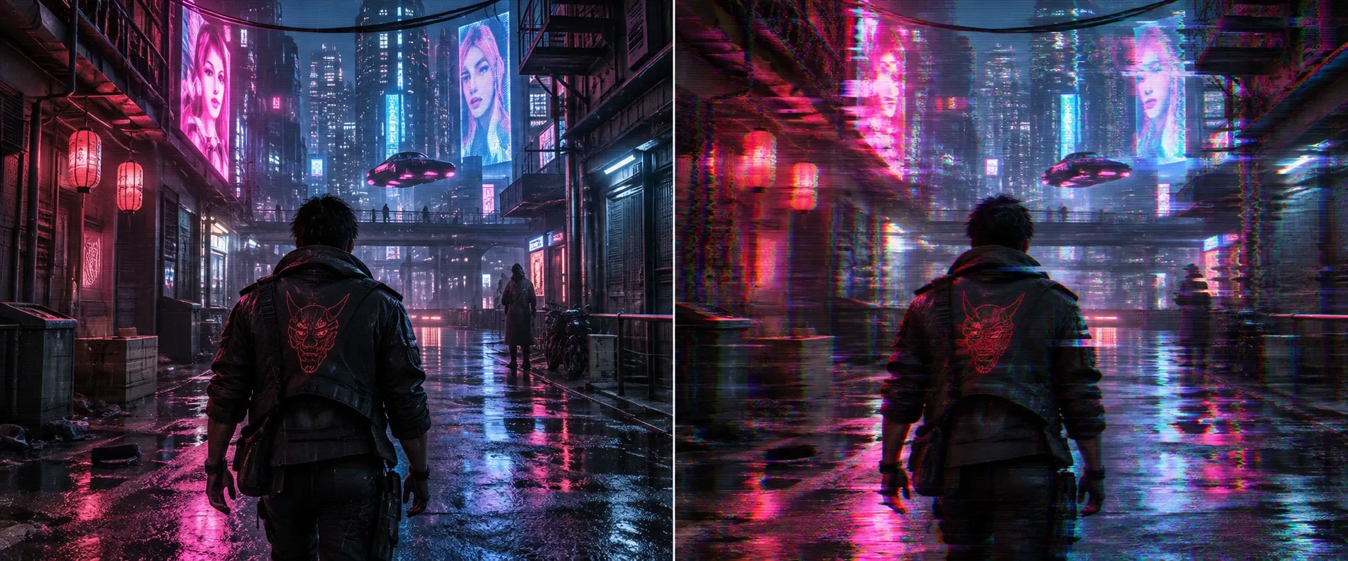 약한 상시 VHS 효과와 강한 이벤트성 글리치 효과의 강도 비교