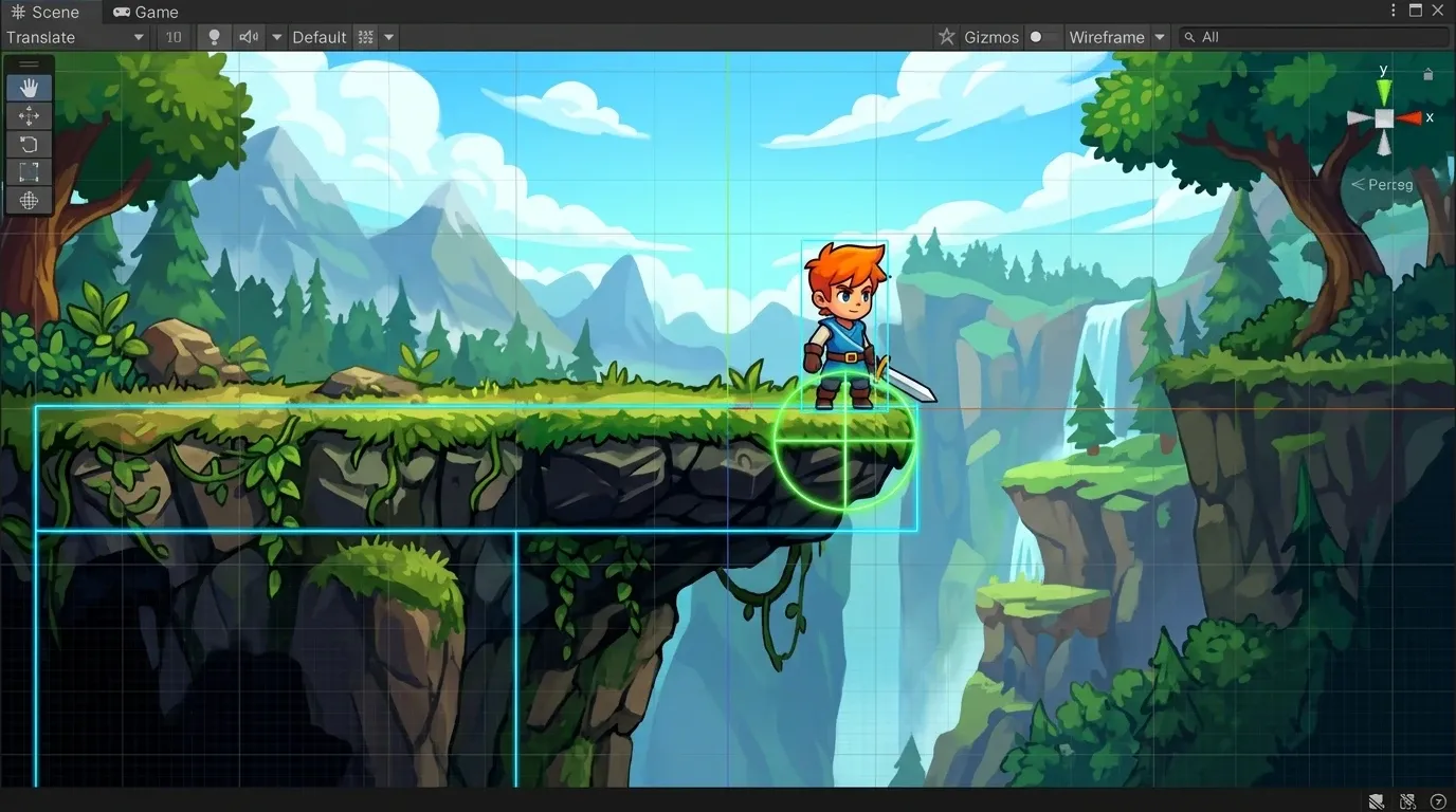 Unity 2D 캐릭터 발밑의 Ground Check 원과 발판 콜라이더를 표시한 장면