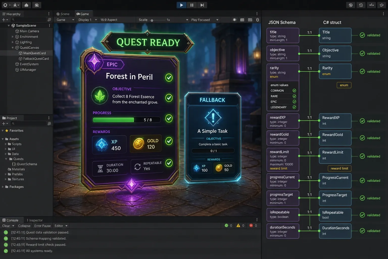 Unity 퀘스트 카드에 검증된 구조화 AI 데이터를 표시하는 화면