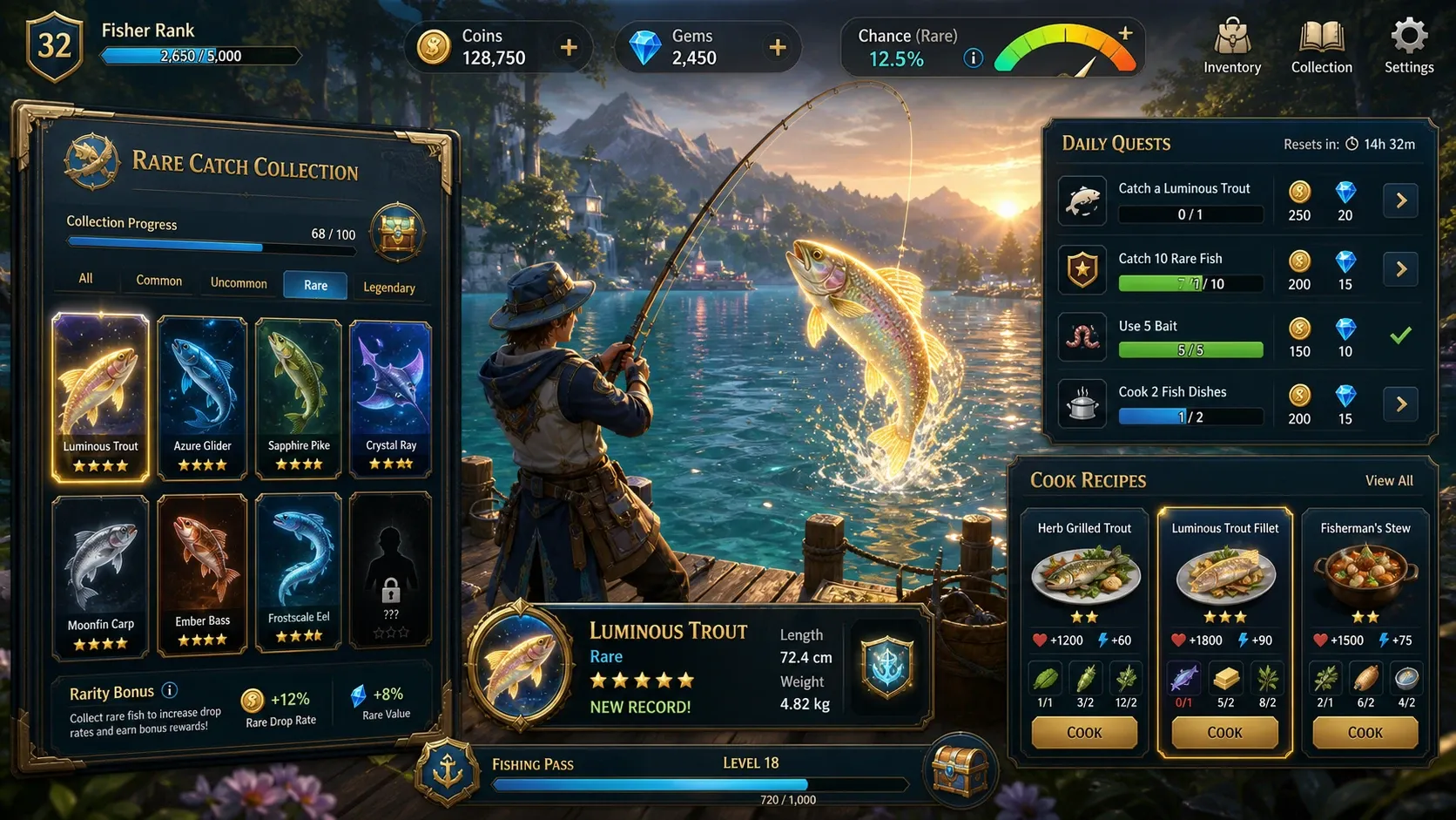 희귀 어종 도감, 일일 의뢰, 요리 제작으로 연결되는 낚시 보상 경제 UI 예시