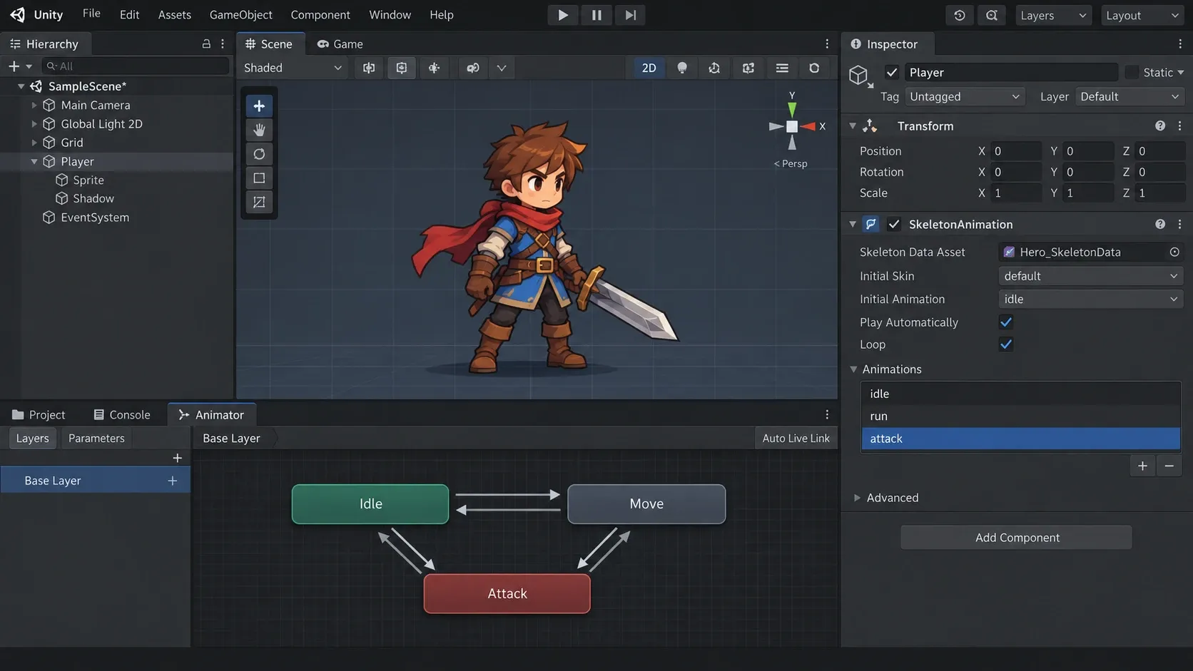 Unity Inspector의 SkeletonAnimation 컴포넌트와 Spine 애니메이션 이름을 확인하는 화면